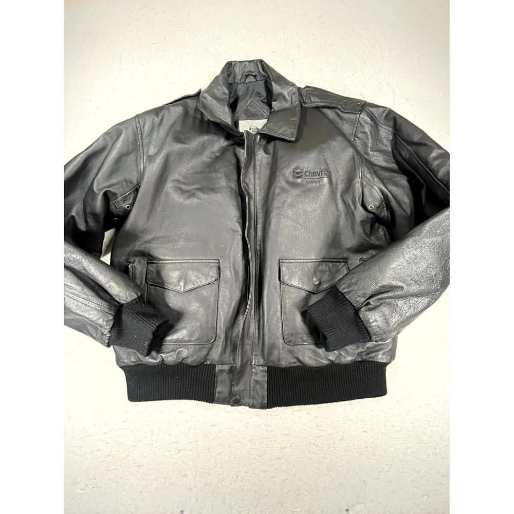 Burks Bay Geniune Leather Jacket Mens Large Black Chevron Aviation Logo Coat